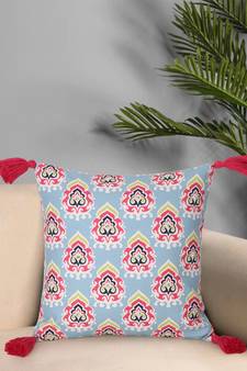 Chintz Grey & Multi Color Polycotton Damask Digital Printed Cushion Cover with Tassels (16x16 inch)