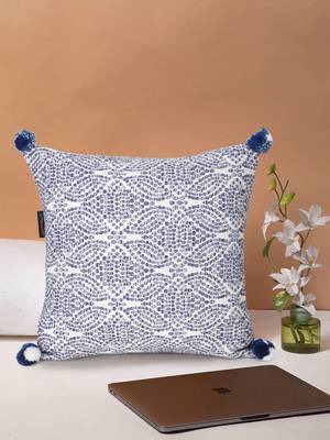 Tribal White & Blue Color Cotton Jacquard Geometric Cushion Cover with Pom Poms (16x16 inch) 1