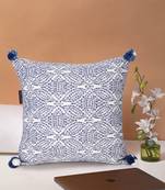 Tribal White & Blue Color Cotton Jacquard Geometric Cushion Cover with Pom Poms (16x16 inch)