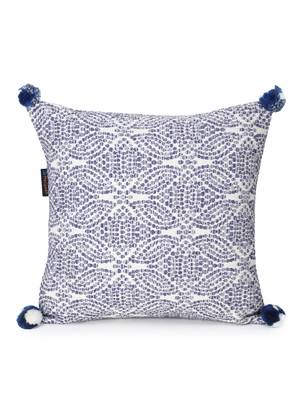 Tribal White & Blue Color Cotton Jacquard Geometric Cushion Cover with Pom Poms (16x16 inch) 2