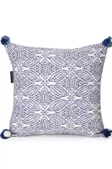 Tribal White & Blue Color Cotton Jacquard Geometric Cushion Cover with Pom Poms (16x16 inch)