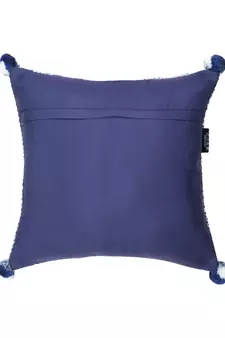 Tribal White & Blue Color Cotton Jacquard Geometric Cushion Cover with Pom Poms (16x16 inch)