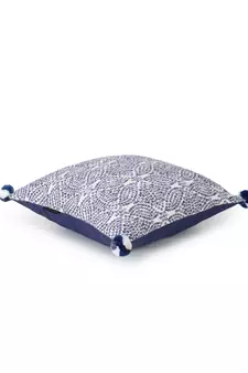 Tribal White & Blue Color Cotton Jacquard Geometric Cushion Cover with Pom Poms (16x16 inch)
