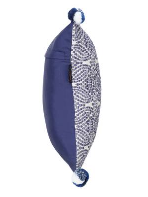 Tribal White & Blue Color Cotton Jacquard Geometric Cushion Cover with Pom Poms (16x16 inch) 5