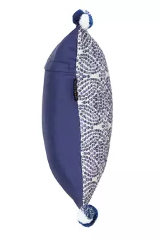 Tribal White & Blue Color Cotton Jacquard Geometric Cushion Cover with Pom Poms (16x16 inch)