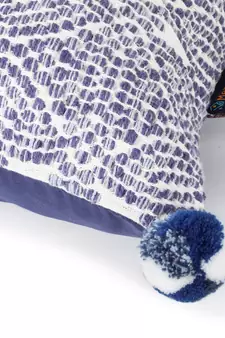 Tribal White & Blue Color Cotton Jacquard Geometric Cushion Cover with Pom Poms (16x16 inch)