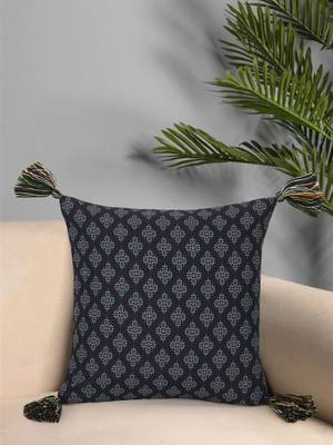 Chintz Black & Multi Color Polycotton Ethnic Motifs Digital Printed Cushion Cover with Tassels (16x16 inch) 1