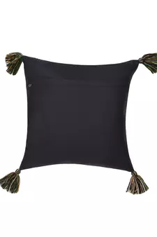 Chintz Black & Multi Color Polycotton Ethnic Motifs Digital Printed Cushion Cover with Tassels (16x16 inch)