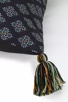 Chintz Black & Multi Color Polycotton Ethnic Motifs Digital Printed Cushion Cover with Tassels (16x16 inch)