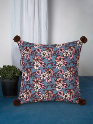Chintz Grey & Multi Color Polycotton Floral Digital Printed Cushion Cover with Pom Poms (16x16 inch) 1