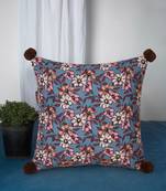 Chintz Grey & Multi Color Polycotton Floral Digital Printed Cushion Cover with Pom Poms (16x16 inch)