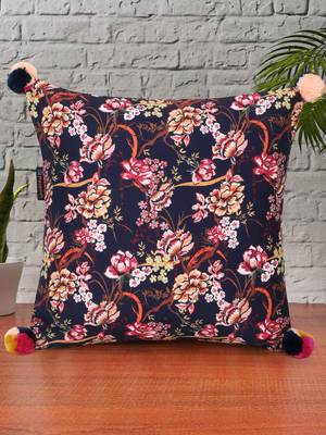 Chintz Navy & Multi Color Polycotton Floral Digital Printed Cushion Cover with Pom Poms (16x16 inch) 1