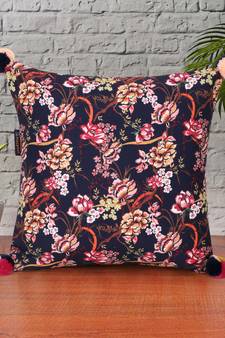 Chintz Navy & Multi Color Polycotton Floral Digital Printed Cushion Cover with Pom Poms (16x16 inch)