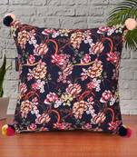 Chintz Navy & Multi Color Polycotton Floral Digital Printed Cushion Cover with Pom Poms (16x16 inch)