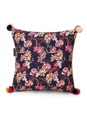 Chintz Navy & Multi Color Polycotton Floral Digital Printed Cushion Cover with Pom Poms (16x16 inch) 2