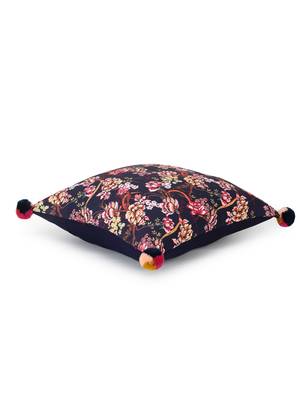 Chintz Navy & Multi Color Polycotton Floral Digital Printed Cushion Cover with Pom Poms (16x16 inch) 4