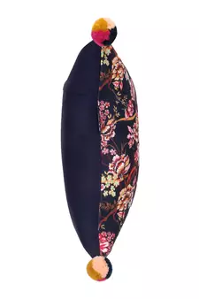 Chintz Navy & Multi Color Polycotton Floral Digital Printed Cushion Cover with Pom Poms (16x16 inch)