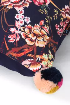 Chintz Navy & Multi Color Polycotton Floral Digital Printed Cushion Cover with Pom Poms (16x16 inch)