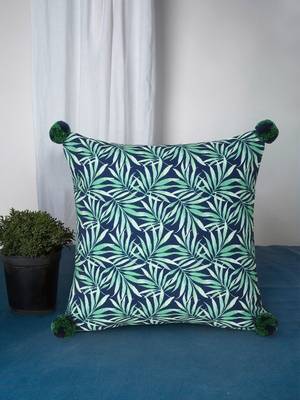 Chintz Green & Navy Color Polycotton Botanical Digital Printed Cushion Cover with Pom Poms (16x16 inch) 1