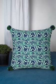 Chintz Green & Navy Color Polycotton Botanical Digital Printed Cushion Cover with Pom Poms (16x16 inch)
