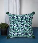Chintz Green & Navy Color Polycotton Botanical Digital Printed Cushion Cover with Pom Poms (16x16 inch)