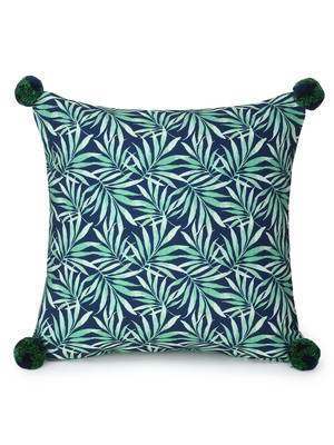 Chintz Green & Navy Color Polycotton Botanical Digital Printed Cushion Cover with Pom Poms (16x16 inch) 2
