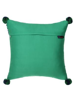 Chintz Green & Navy Color Polycotton Botanical Digital Printed Cushion Cover with Pom Poms (16x16 inch) 3