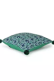Chintz Green & Navy Color Polycotton Botanical Digital Printed Cushion Cover with Pom Poms (16x16 inch)