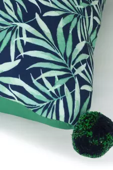 Chintz Green & Navy Color Polycotton Botanical Digital Printed Cushion Cover with Pom Poms (16x16 inch)