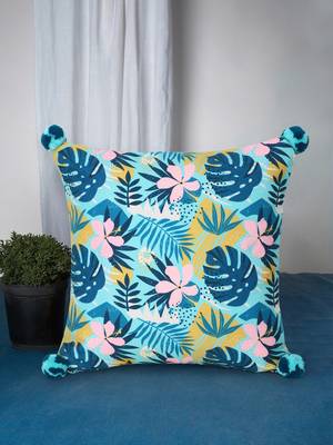 Chintz Turquoise & Multi Color Polycotton Botanical Digital Printed Cushion Cover with Pom Poms (16x16 inch) 1