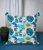 Chintz Turquoise & Multi Color Polycotton Botanical Digital Printed Cushion Cover with Pom Poms (16x16 inch)