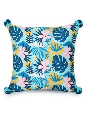 Chintz Turquoise & Multi Color Polycotton Botanical Digital Printed Cushion Cover with Pom Poms (16x16 inch) 2