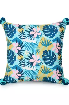 Chintz Turquoise & Multi Color Polycotton Botanical Digital Printed Cushion Cover with Pom Poms (16x16 inch)