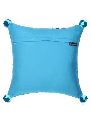 Chintz Turquoise & Multi Color Polycotton Botanical Digital Printed Cushion Cover with Pom Poms (16x16 inch) 3