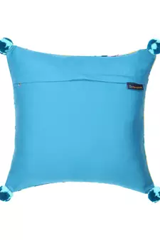 Chintz Turquoise & Multi Color Polycotton Botanical Digital Printed Cushion Cover with Pom Poms (16x16 inch)