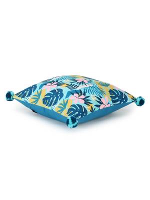 Chintz Turquoise & Multi Color Polycotton Botanical Digital Printed Cushion Cover with Pom Poms (16x16 inch) 4