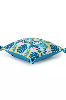 Chintz Turquoise & Multi Color Polycotton Botanical Digital Printed Cushion Cover with Pom Poms (16x16 inch)
