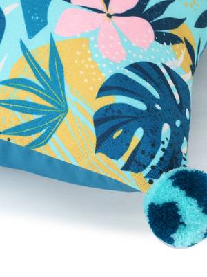 Chintz Turquoise & Multi Color Polycotton Botanical Digital Printed Cushion Cover with Pom Poms (16x16 inch) 6
