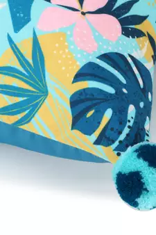 Chintz Turquoise & Multi Color Polycotton Botanical Digital Printed Cushion Cover with Pom Poms (16x16 inch)