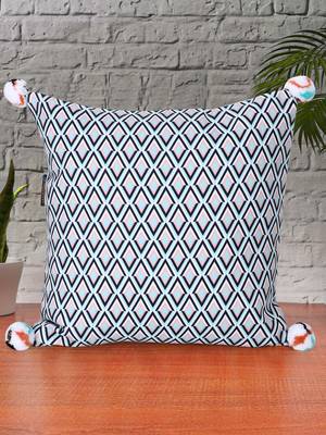 Chintz Grey & Multi Color Polycotton Diamond Digital Printed Cushion Cover with Pom Poms (16x16 inch) 1