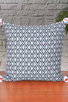 Chintz Grey & Multi Color Polycotton Diamond Digital Printed Cushion Cover with Pom Poms (16x16 inch)