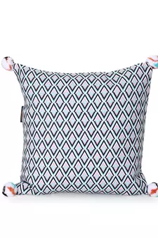 Chintz Grey & Multi Color Polycotton Diamond Digital Printed Cushion Cover with Pom Poms (16x16 inch)