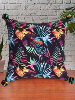 Chintz Black & Multi Color Polycotton Botanical Digital Printed Cushion Cover with Pom Poms (16x16 inch) 1