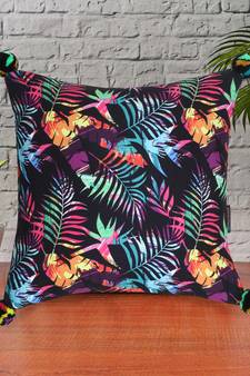 Chintz Black & Multi Color Polycotton Botanical Digital Printed Cushion Cover with Pom Poms (16x16 inch)