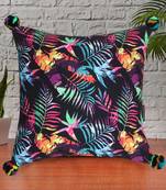 Chintz Black & Multi Color Polycotton Botanical Digital Printed Cushion Cover with Pom Poms (16x16 inch)