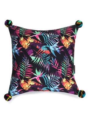 Chintz Black & Multi Color Polycotton Botanical Digital Printed Cushion Cover with Pom Poms (16x16 inch) 2
