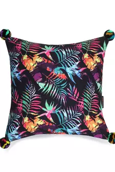Chintz Black & Multi Color Polycotton Botanical Digital Printed Cushion Cover with Pom Poms (16x16 inch)