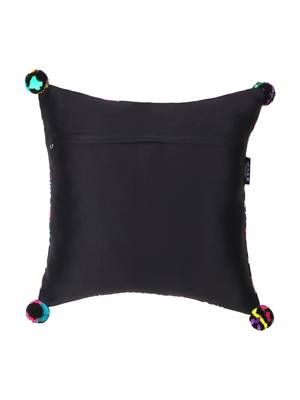 Chintz Black & Multi Color Polycotton Botanical Digital Printed Cushion Cover with Pom Poms (16x16 inch) 3