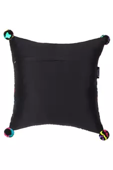 Chintz Black & Multi Color Polycotton Botanical Digital Printed Cushion Cover with Pom Poms (16x16 inch)