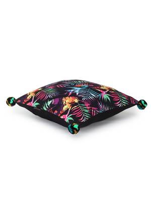 Chintz Black & Multi Color Polycotton Botanical Digital Printed Cushion Cover with Pom Poms (16x16 inch) 4